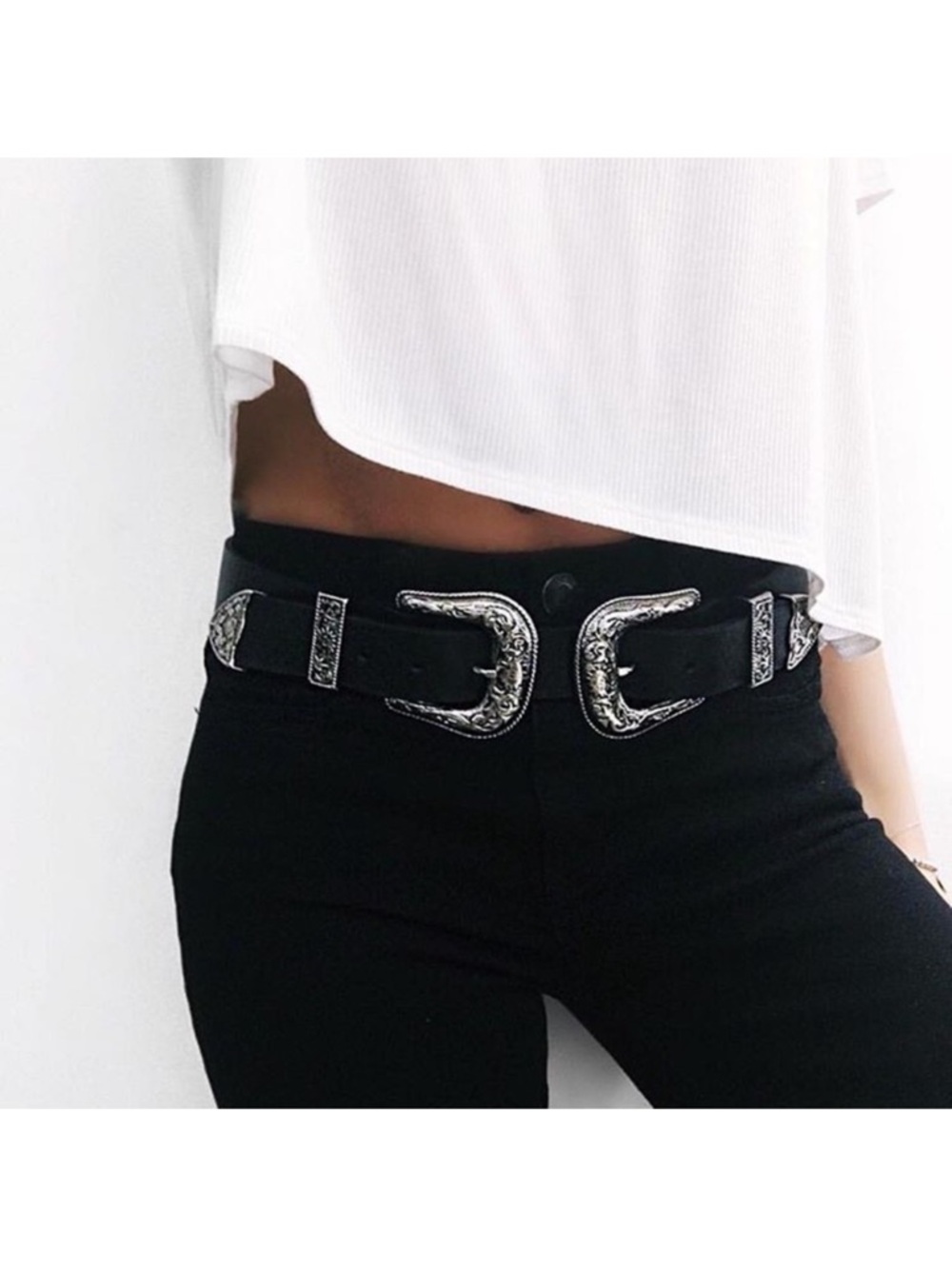 B- Low the Belt Black Double Buckle Western Belt with Silver Hardware